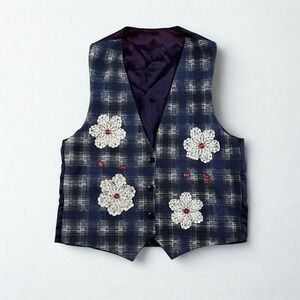 VTG Folk Boho Vest S/M Blue Plaid Doily Buttons and Pearls Indie Rock Festival